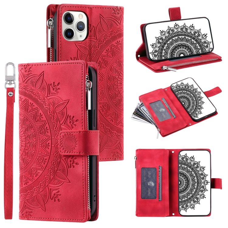 

For iPhone 11 Pro Multi-Card Totem Zipper Leather Phone Case(Red)