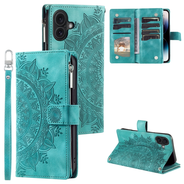 

For iPhone 16 Plus Multi-Card Totem Zipper Leather Phone Case(Green)