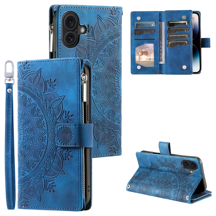 

For iPhone 16 Plus Multi-Card Totem Zipper Leather Phone Case(Blue)