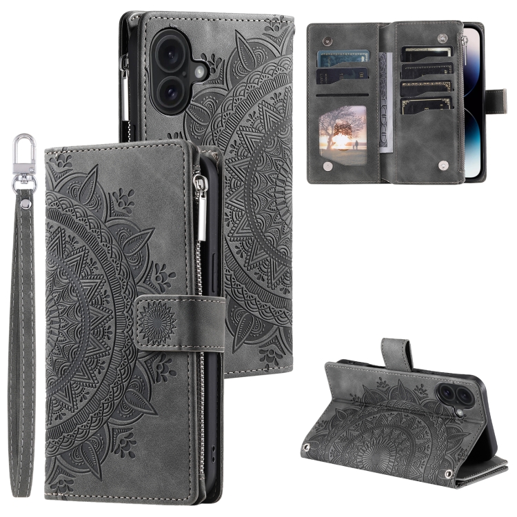 

For iPhone 16 Plus Multi-Card Totem Zipper Leather Phone Case(Grey)