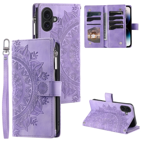 

For iPhone 16 Plus Multi-Card Totem Zipper Leather Phone Case(Purple)