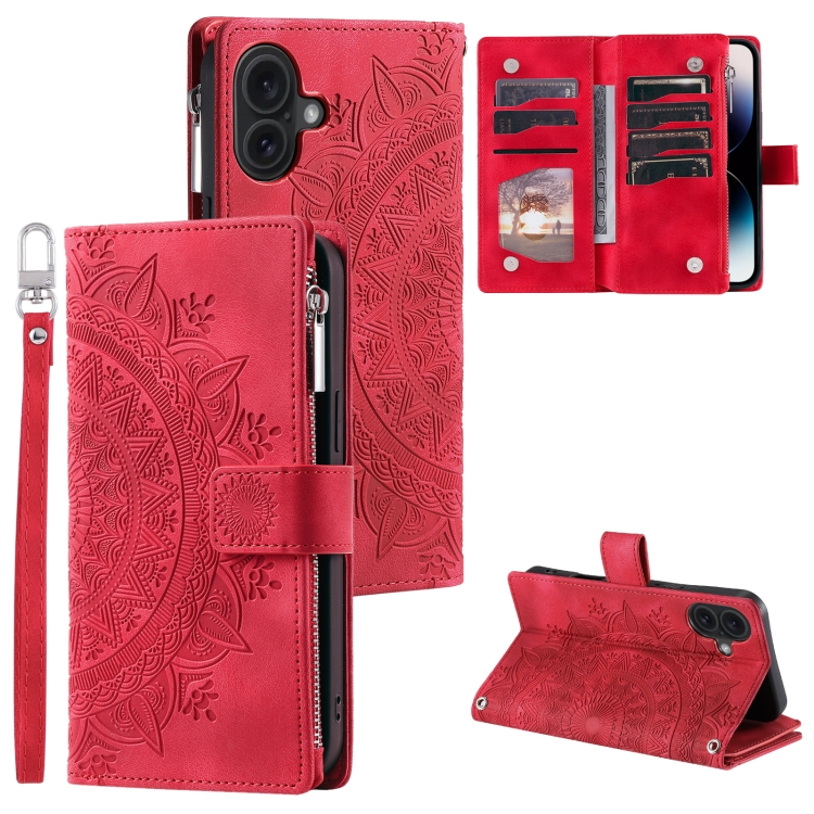

For iPhone 16 Multi-Card Totem Zipper Leather Phone Case(Red)