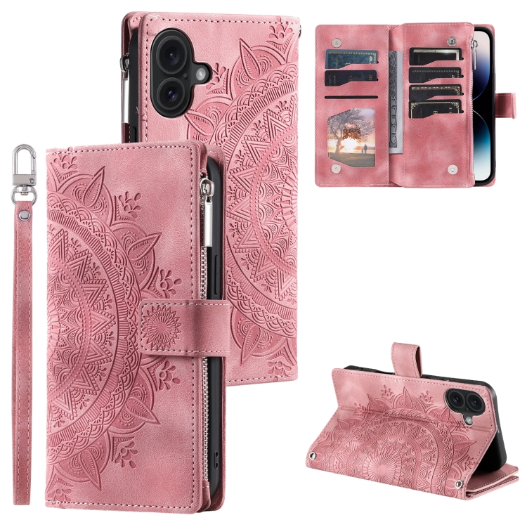 

For iPhone 16 Multi-Card Totem Zipper Leather Phone Case(Pink)
