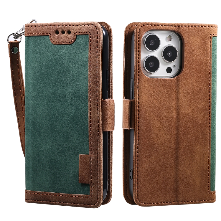 

For iPhone 15 Pro Retro Splicing Horizontal Flip Leather Phone Case(Green)