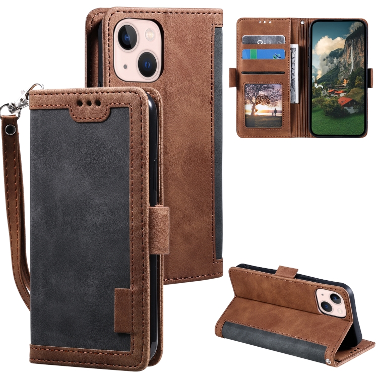 

For iPhone 15 Plus Retro Splicing Horizontal Flip Leather Phone Case(Grey)