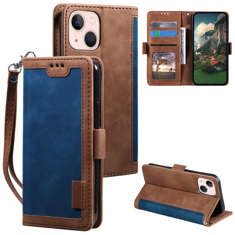 

For iPhone 15 Plus Retro Splicing Horizontal Flip Leather Phone Case(Blue)