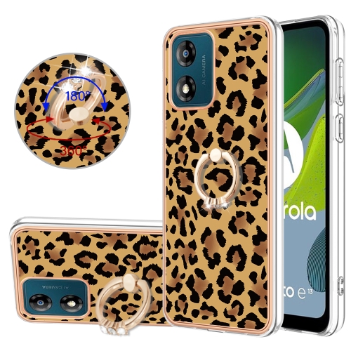 

For Motorola Moto E13 Electroplating Dual-side IMD Phone Case with Ring Holder(Leopard Print)