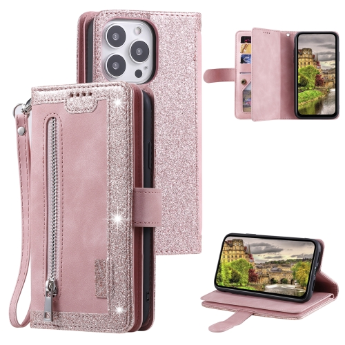 

For iPhone 15 Pro Max Nine Card Zipper Bag Leather Phone Case with Lanyard(Pink)