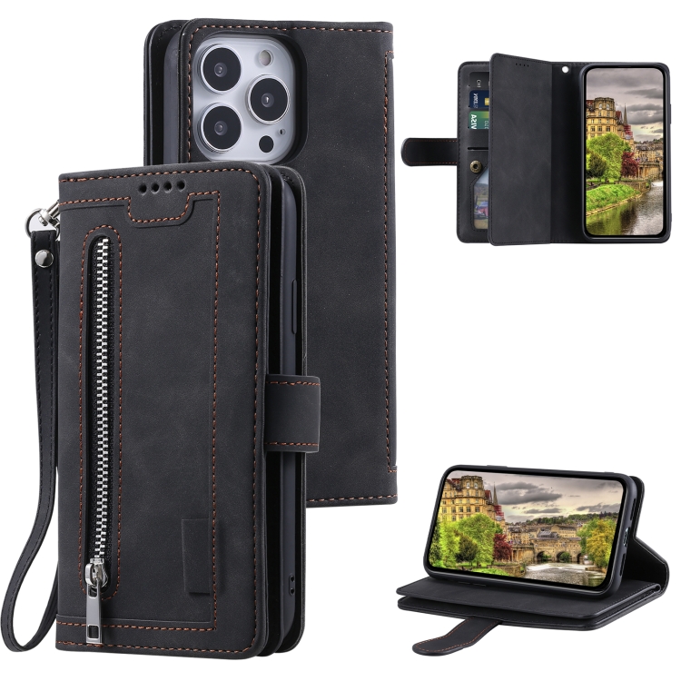 

For iPhone 15 Pro Nine Card Zipper Bag Leather Phone Case with Lanyard(Black)