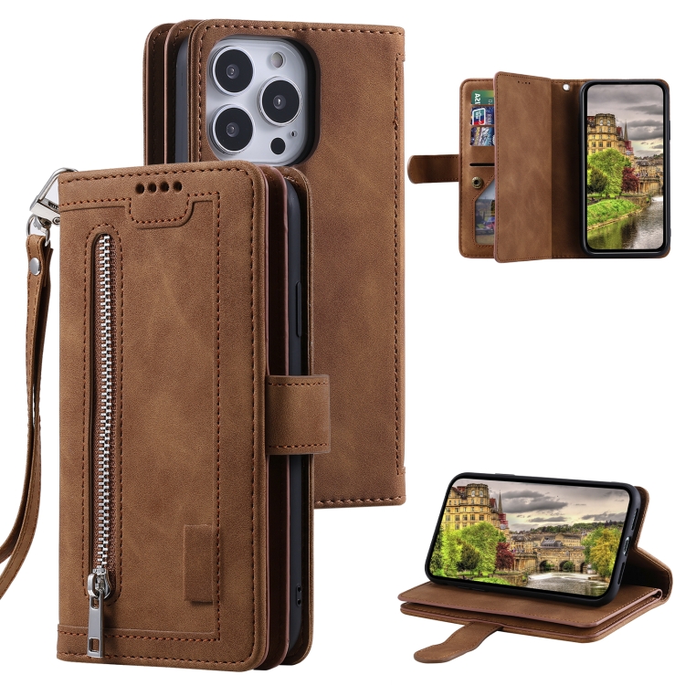 

For iPhone 15 Pro Nine Card Zipper Bag Leather Phone Case with Lanyard(Brown)