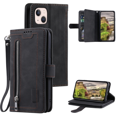 

For iPhone 15 Nine Card Zipper Bag Leather Phone Case with Lanyard(Black)