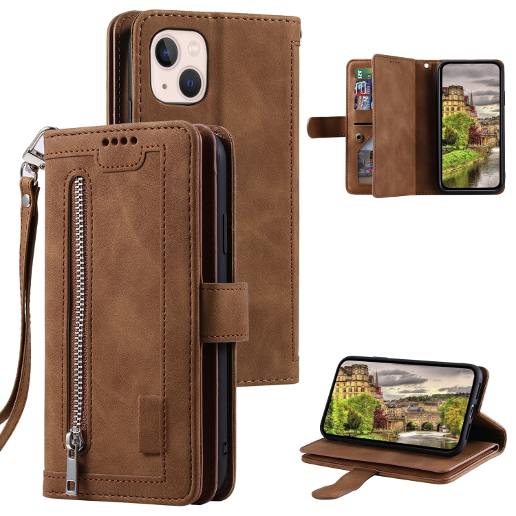 

For iPhone 15 Nine Card Zipper Bag Leather Phone Case with Lanyard(Brown)