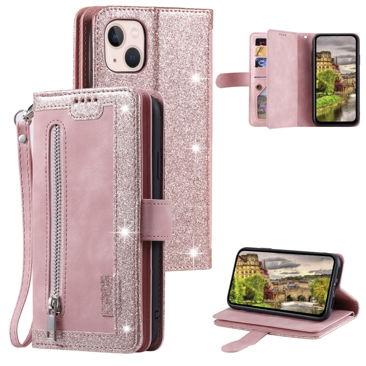 

For iPhone 15 Nine Card Zipper Bag Leather Phone Case with Lanyard(Pink)