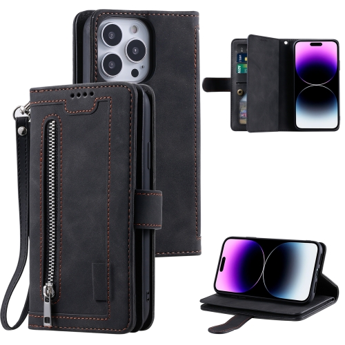 

For iPhone 16 Pro Nine Card Zipper Bag Leather Phone Case with Lanyard(Black)