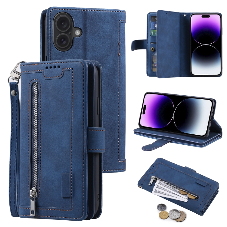 

For iPhone 16 Plus Nine Card Zipper Bag Leather Phone Case with Lanyard(Blue)