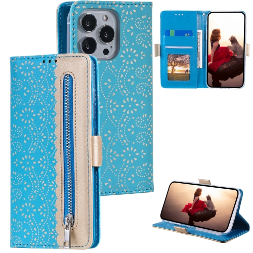 

For iPhone 15 Pro Lace Pattern Double Button Zipper Leather Phone Case with Lanyard(Blue)