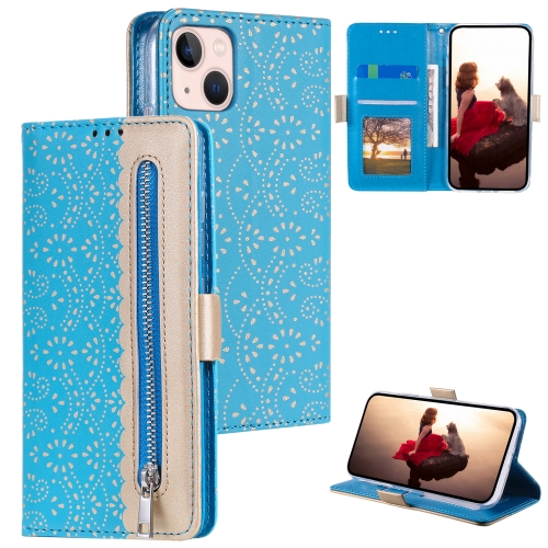 

For iPhone 15 Plus Lace Pattern Double Button Zipper Leather Phone Case with Lanyard(Blue)