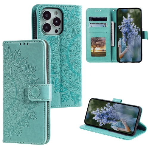 for iphone 15 plus butterfly flower pattern flip leather phone case brown For iPhone 15 Pro Max Totem Flower Embossed Leather Phone Case(Green)
