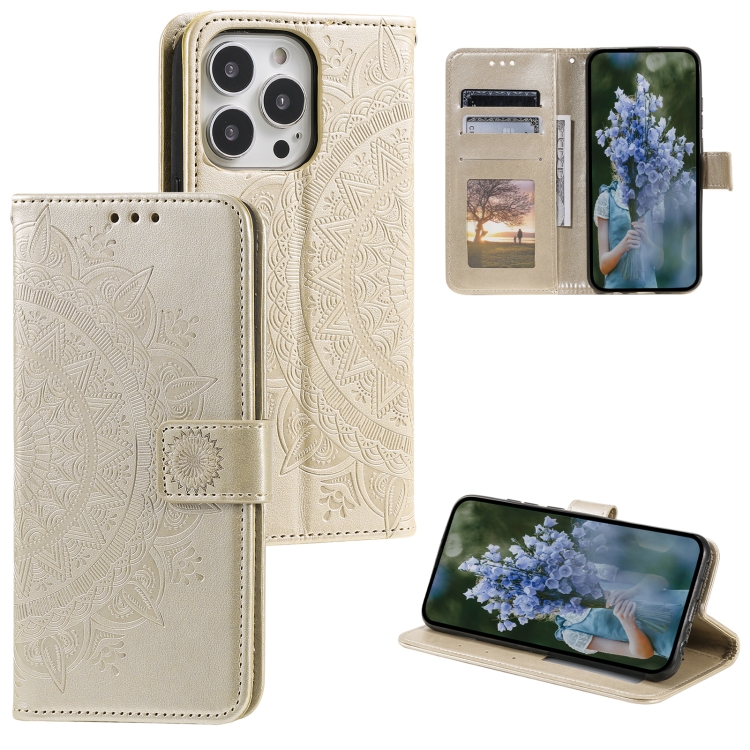 

For iPhone 15 Pro Max Totem Flower Embossed Leather Phone Case(Gold)