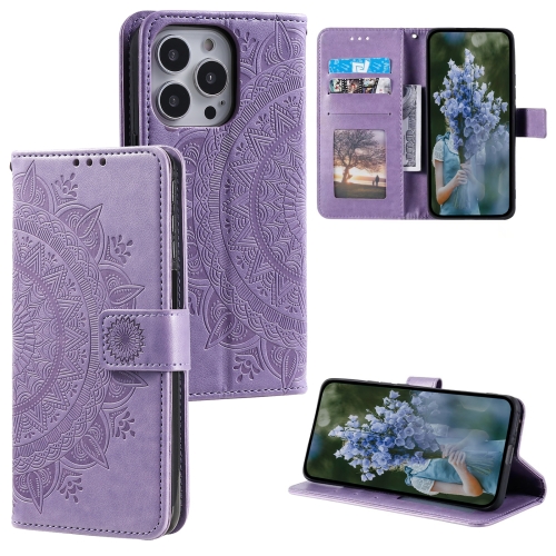 

For iPhone 15 Pro Max Totem Flower Embossed Leather Phone Case(Purple)