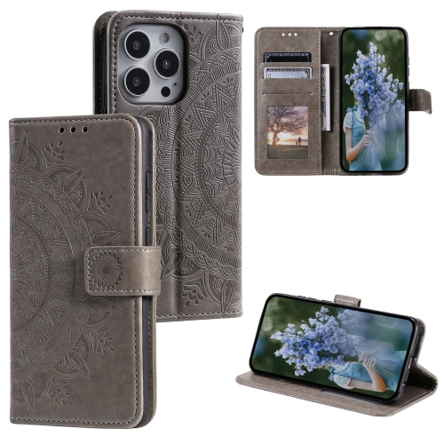 for iphone 15 plus butterfly flower pattern flip leather phone case brown For iPhone 15 Pro Totem Flower Embossed Leather Phone Case(Grey)
