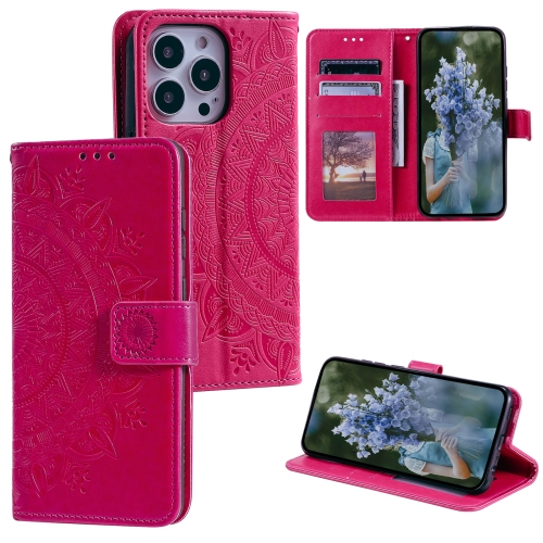 

For iPhone 15 Pro Totem Flower Embossed Leather Phone Case(Red)