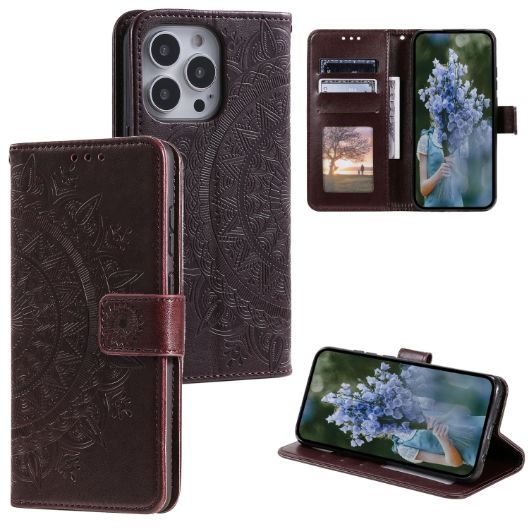 

For iPhone 15 Pro Totem Flower Embossed Leather Phone Case(Brown)