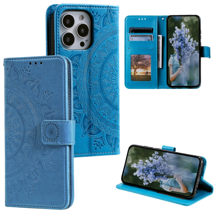 

For iPhone 15 Pro Totem Flower Embossed Leather Phone Case(Blue)