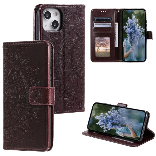 

For iPhone 15 Plus Totem Flower Embossed Leather Phone Case(Brown)