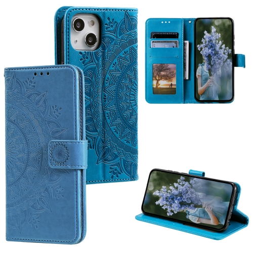 

For iPhone 15 Plus Totem Flower Embossed Leather Phone Case(Blue)