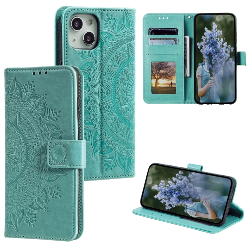 

For iPhone 15 Totem Flower Embossed Leather Phone Case(Green)