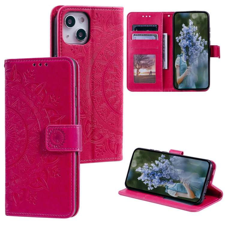 

For iPhone 15 Totem Flower Embossed Leather Phone Case(Red)