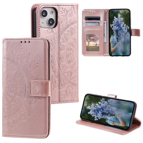 

For iPhone 15 Totem Flower Embossed Leather Phone Case(Rose Gold)