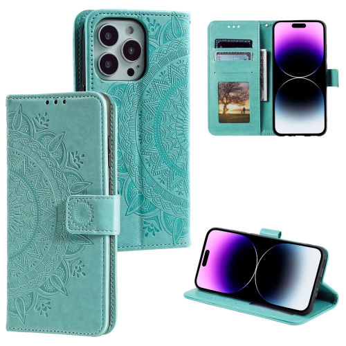 

For iPhone 16 Pro Totem Flower Embossed Leather Phone Case(Green)