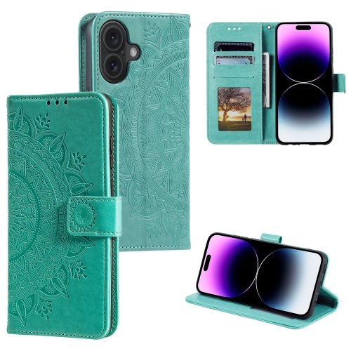 

For iPhone 16 Plus Totem Flower Embossed Leather Phone Case(Green)