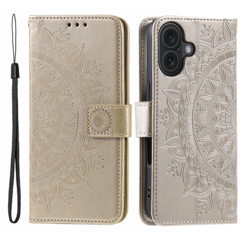

For iPhone 16 Totem Flower Embossed Leather Phone Case(Gold)