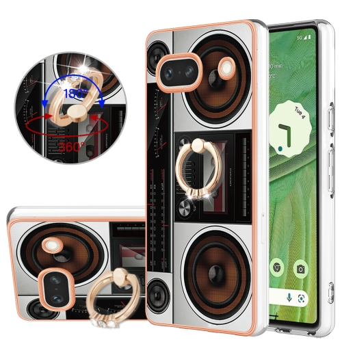 

For Google Pixel 7a Electroplating Dual-side IMD Phone Case with Ring Holder(Retro Radio)