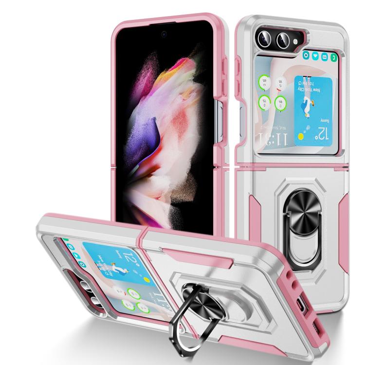 

For Samsung Galaxy Z Flip6 5G Pioneer Armor Heavy Duty PC Hybrid TPU Phone Case with Holder(White + Pink)