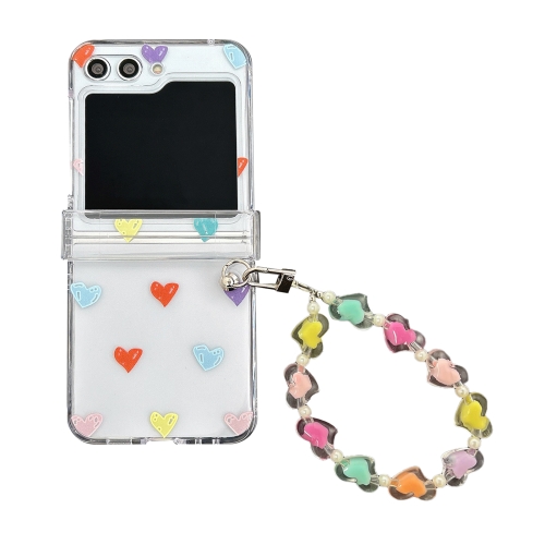

For Samsung Galaxy Z Flip5 Transparent PC All Inclusive Hinge Folding Phone Case with Bracelet(Colorful Hearts)