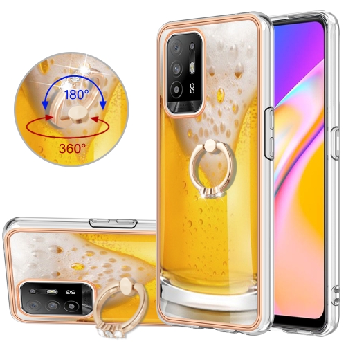 

For OPPO A94 5G / A95 5G Electroplating Dual-side IMD Phone Case with Ring Holder(Draft Beer)