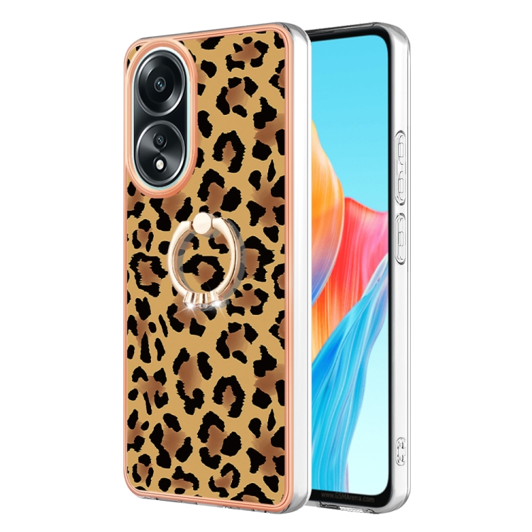 

For OPPO A58 4G Electroplating Dual-side IMD Phone Case with Ring Holder(Leopard Print)