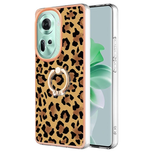 

For OPPO Reno11 5G Global Electroplating Dual-side IMD Phone Case with Ring Holder(Leopard Print)