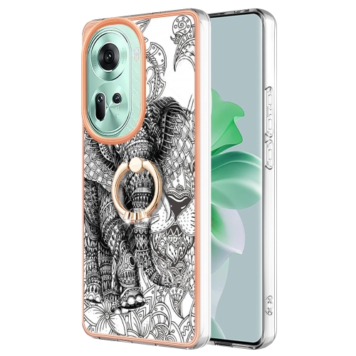 

For OPPO Reno11 5G Global Electroplating Dual-side IMD Phone Case with Ring Holder(Totem Elephant)
