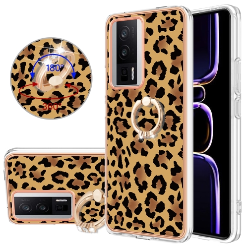 

For Xiaomi Poco F5 Pro 5G / Redmi K60 Electroplating Dual-side IMD Phone Case with Ring Holder(Leopard Print)