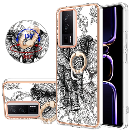 

For Xiaomi Poco F5 Pro 5G / Redmi K60 Electroplating Dual-side IMD Phone Case with Ring Holder(Totem Elephant)