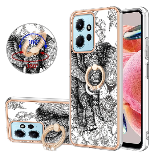 

For Xiaomi Redmi Note 12 4G Electroplating Dual-side IMD Phone Case with Ring Holder(Totem Elephant)