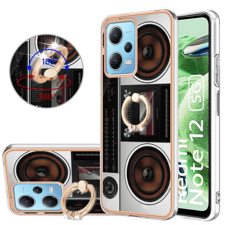 

For Xiaomi Redmi Note 12 5G Global Electroplating Dual-side IMD Phone Case with Ring Holder(Retro Radio)