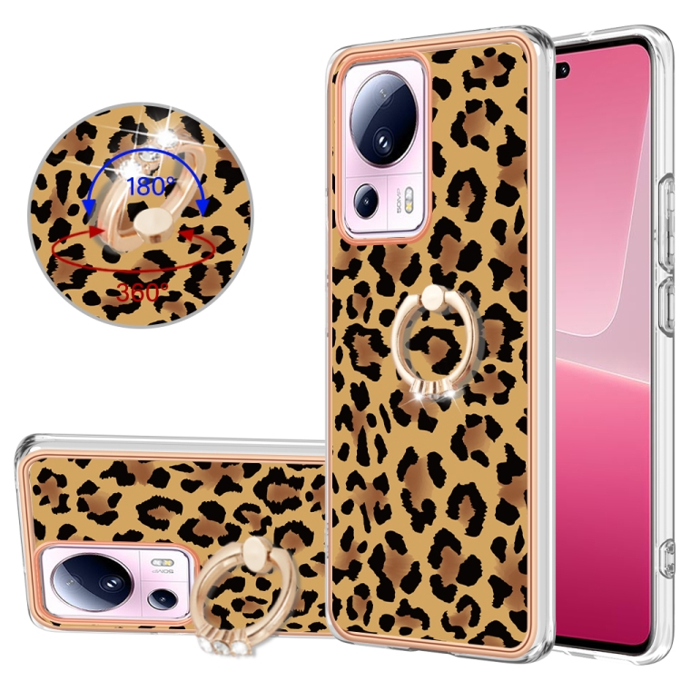

For Xiaomi 13 Lite 5G Electroplating Dual-side IMD Phone Case with Ring Holder(Leopard Print)
