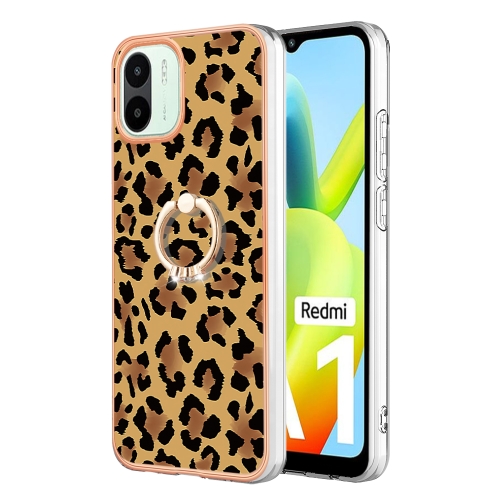 

For Xiaomi Redmi A1 Electroplating Dual-side IMD Phone Case with Ring Holder(Leopard Print)