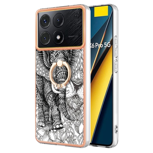 

For Xiaomi Poco X6 Pro / Redmi K70E Electroplating Dual-side IMD Phone Case with Ring Holder(Totem Elephant)